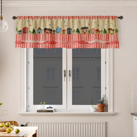 AshasdS Cute Village Houses & Gingham Plaid Window Valance Country Short Curtain Rod Pocket for Kitchen