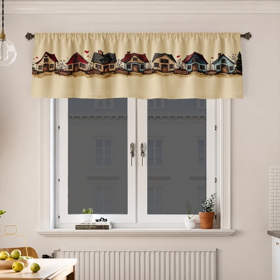 AshasdS Cute Village Houses Row Window Valance Country Town Pattern Short Curtain Rod Pocket for Kitchen