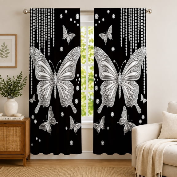 AshasdS Elegant Butterfly Pattern Window Curtain Panel Black White Decorative Curtain Treatment Bedroom Living Room Home Decor 52""×63"