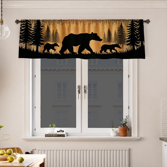 AshasdS Forest Bear Family Silhouette Window Valance Rustic Pine Trees Short Curtain for Kitchen Living Room