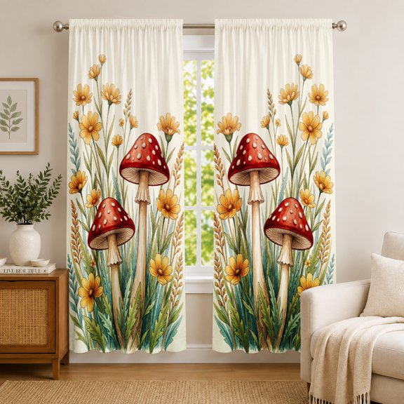 AshasdS Mushroom Floral Pattern Window Curtain Panel Nature Botanical Decorative Curtain Treatment Home Decor 52""×63"