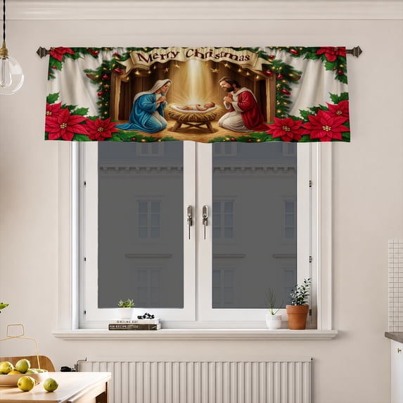 AshasdS Nativity Christmas Window Valance Religious Holiday Curtain Valance Seasonal Winter Window Decor