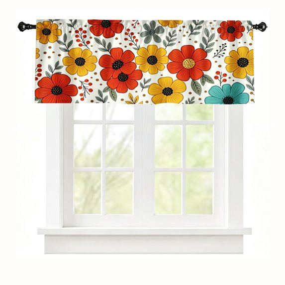 AshasdS Orange & Red Poppies Floral Window Valance Bright Flower Short Curtain Rod Pocket for Kitchen Room