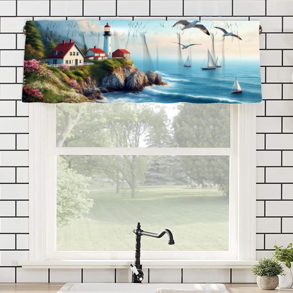 AshasdS Polyester Curtain Valance with Lighthouse and Seagulls Design for Home Bedroom Living Room Kitchen Window Decor 54x18 inch