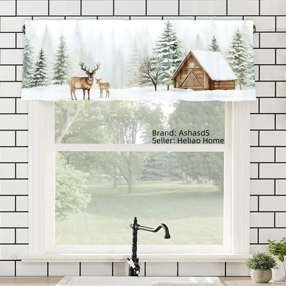 AshasdS Polyester Window Valance Curtain with Deer and Cabin Winter Scene for Home Kitchen Living Room Bedroom Bathroom Decor 54x18 inch