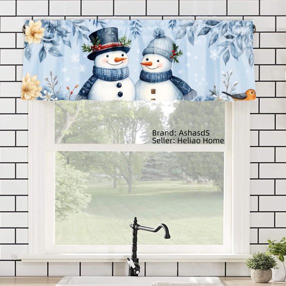 AshasdS Polyester Window Valance Curtain with Snowman and Winter Floral Design for Home Kitchen Living Room Bedroom Bathroom Decor 54x18 inch