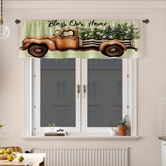 AshasdS Rustic Truck Window Valance, Vintage Pickup Truck and Floral Bless Our Home Design Short Curtain for Kitchen Living Room Bedroom Farmhouse Decor