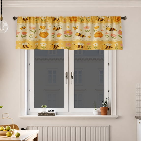 AshasdS Yellow Stripe Honey Bee & Flower Window Valance Cute Honeycomb Short Curtain Rod Pocket for Kitchen