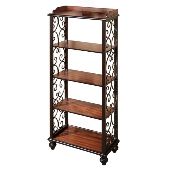 Ashburn Five-Tier Floor Shelf, Regal Walnut Wood Display Stand with Metal Scroll Sides, 50 Inches