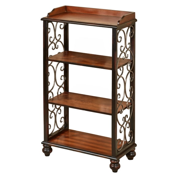 Ashburn Four-Tier Floor Shelf, Regal Walnut Wood Display Stand with Metal Scroll Sides, 39 Inches