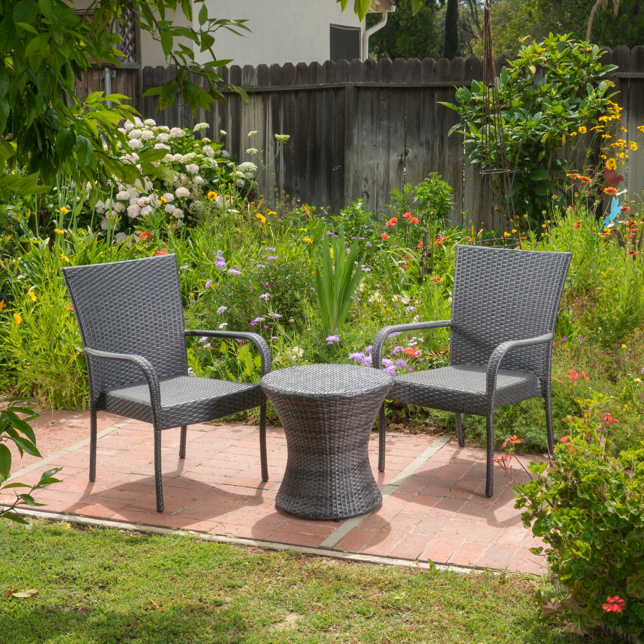 Ashburn Outdoor 3 Piece Wicker Stacking Chair Chat Set, Grey