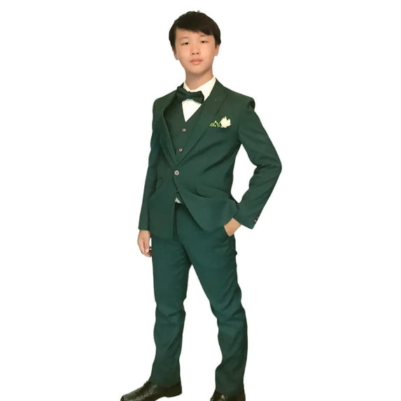 Ashbury CoCo Boy's Slim Fit 7-pieces Suit, Jacket Vest Pants Shirt Tie Bowtie Hanky, Hunter Green, Size 16