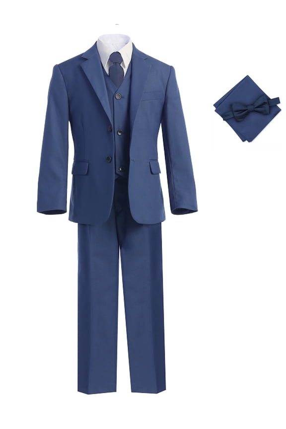 Boy's Slim Fit 7-pieces Suit, Jacket Vest Pants Shirt Tie Bowtie Hanky, Indigo, Size 7
