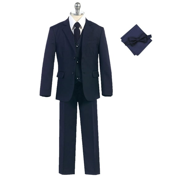 Ashbury CoCo Boy's Slim Fit 7-pieces Suit, Jacket Vest Pants Shirt Tie Bowtie Hanky, Navy, Size 8