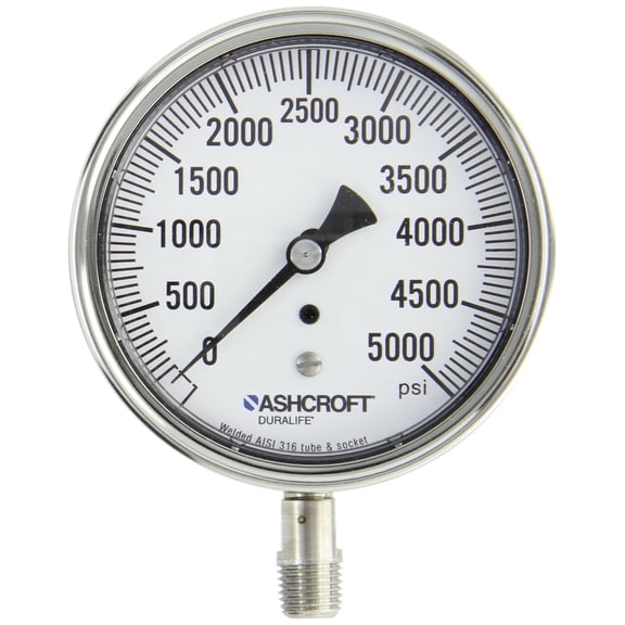 Ashcroft Duralife Type 1009 Stainless Steel Case Dry Filled Pressure Gauge, Stainless Steel Tube and Socket, 3.5" Dial Size, 1/4" NPT Lower Connection, 0/5000 psi Pressure Range CA3