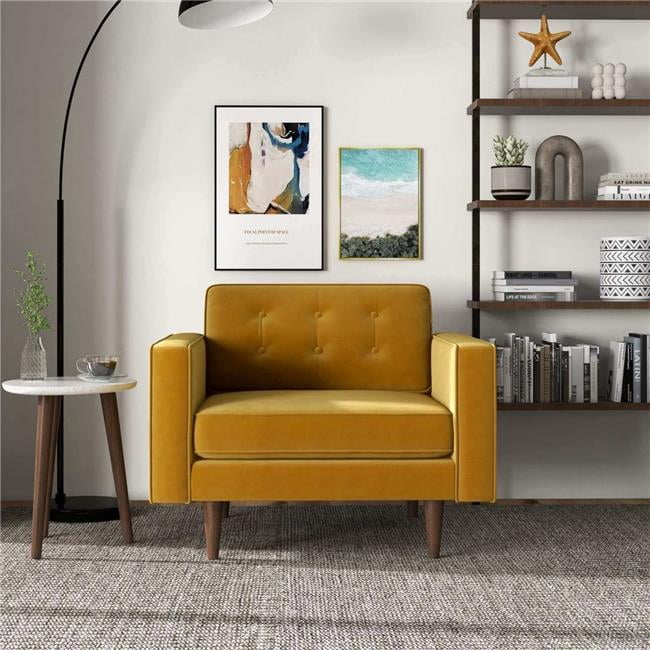 Gold Velvet Lounge Chair with Walnut Wood Legs