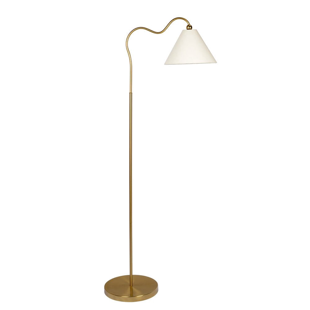 Ashcroft Furniture Majestic Brass Ring Base Curved Floor Lamp with Triangle White Drum Shade