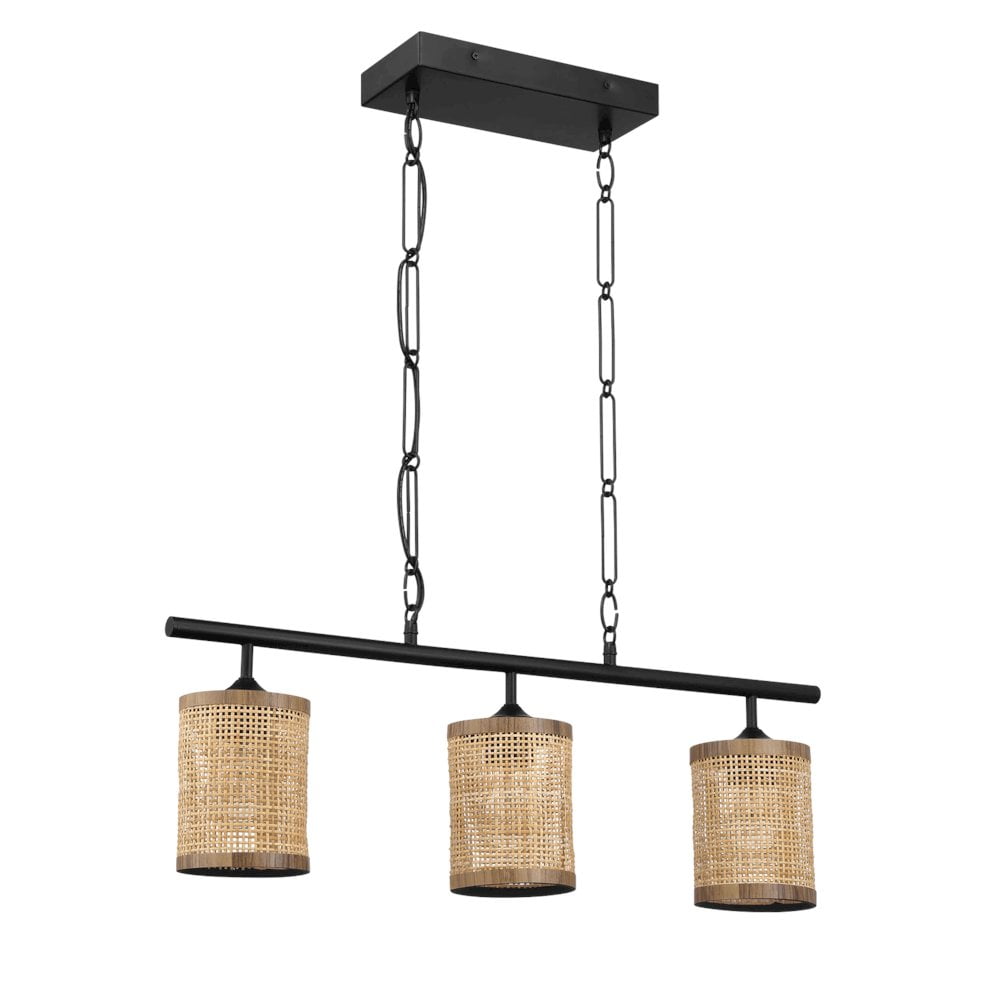 Elysian Matte Black Three-Light Island Lamp with Rattan Shades
