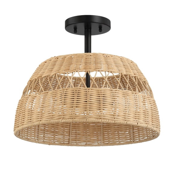 Ashcroft Furniture Twinkle Double Lights Semi Flush With Rattan Shade Black Metal Finish