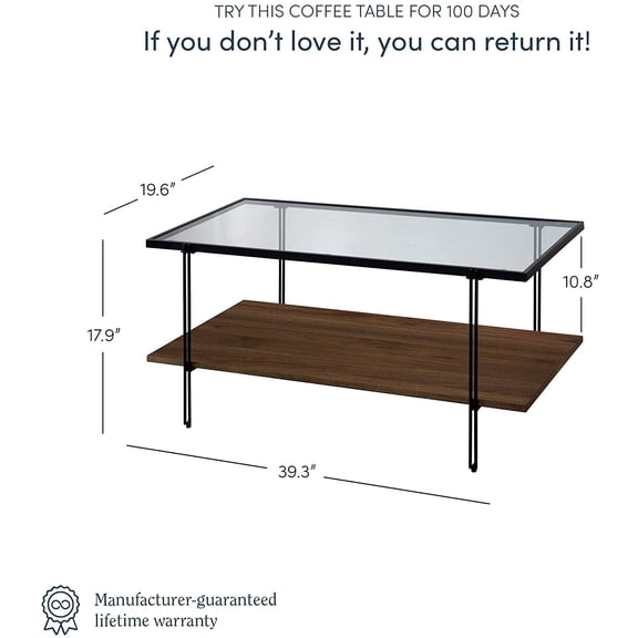Asher Mid- Rectangle Coffee Table with Glass Top and Walnut Wood Storage Shelf