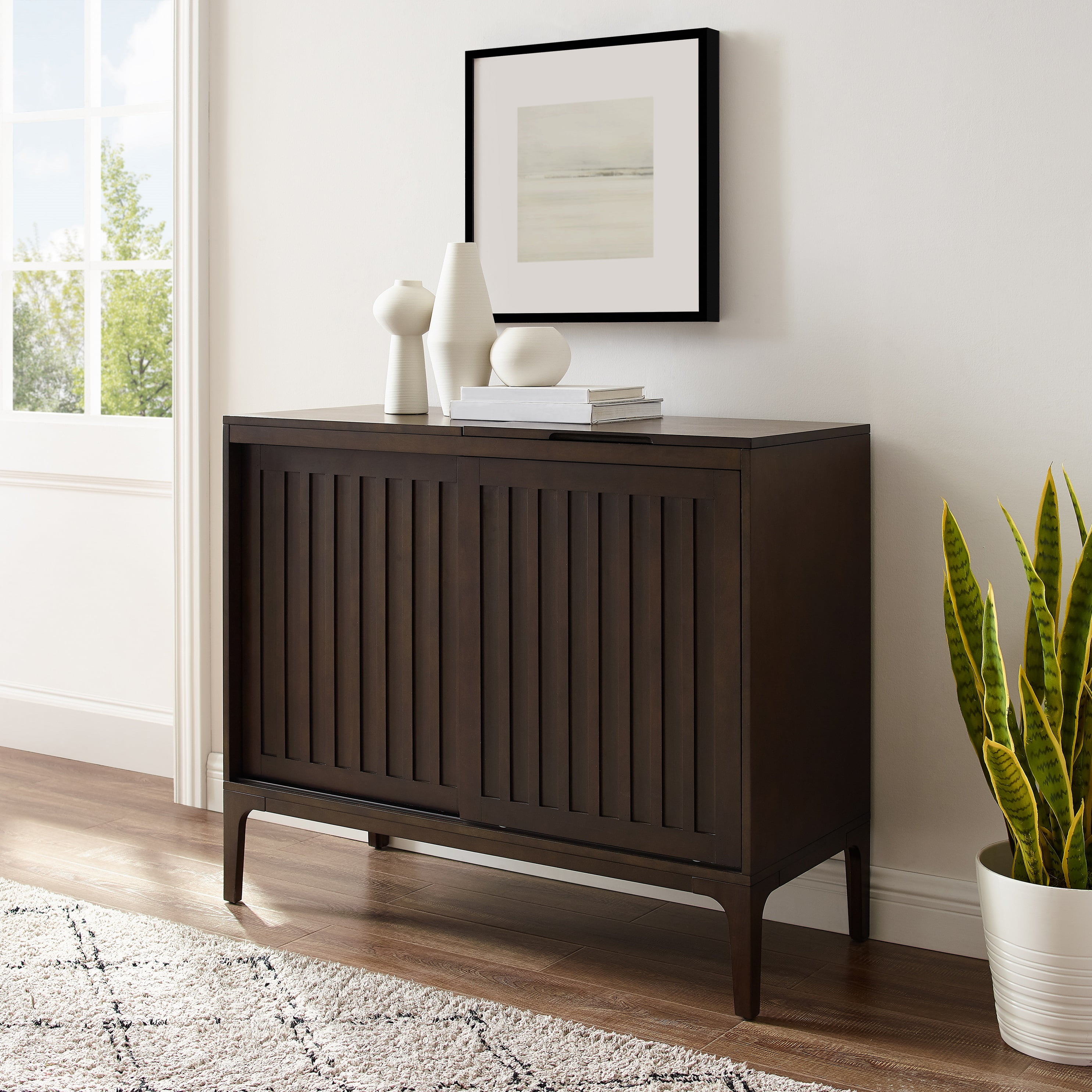 Sleek Dark Brown Slatted Media Console with Record Storage