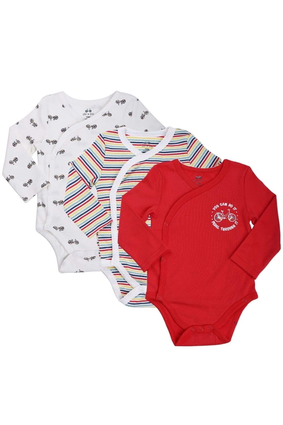 Asher and Olivia Baby Boy's 3-Pack Long-Sleeve Kimono Bodysuit Set -Side Snap Onesie Infant Bundle Bicycles Red, White and Stripes, 9-12 Months, 12M