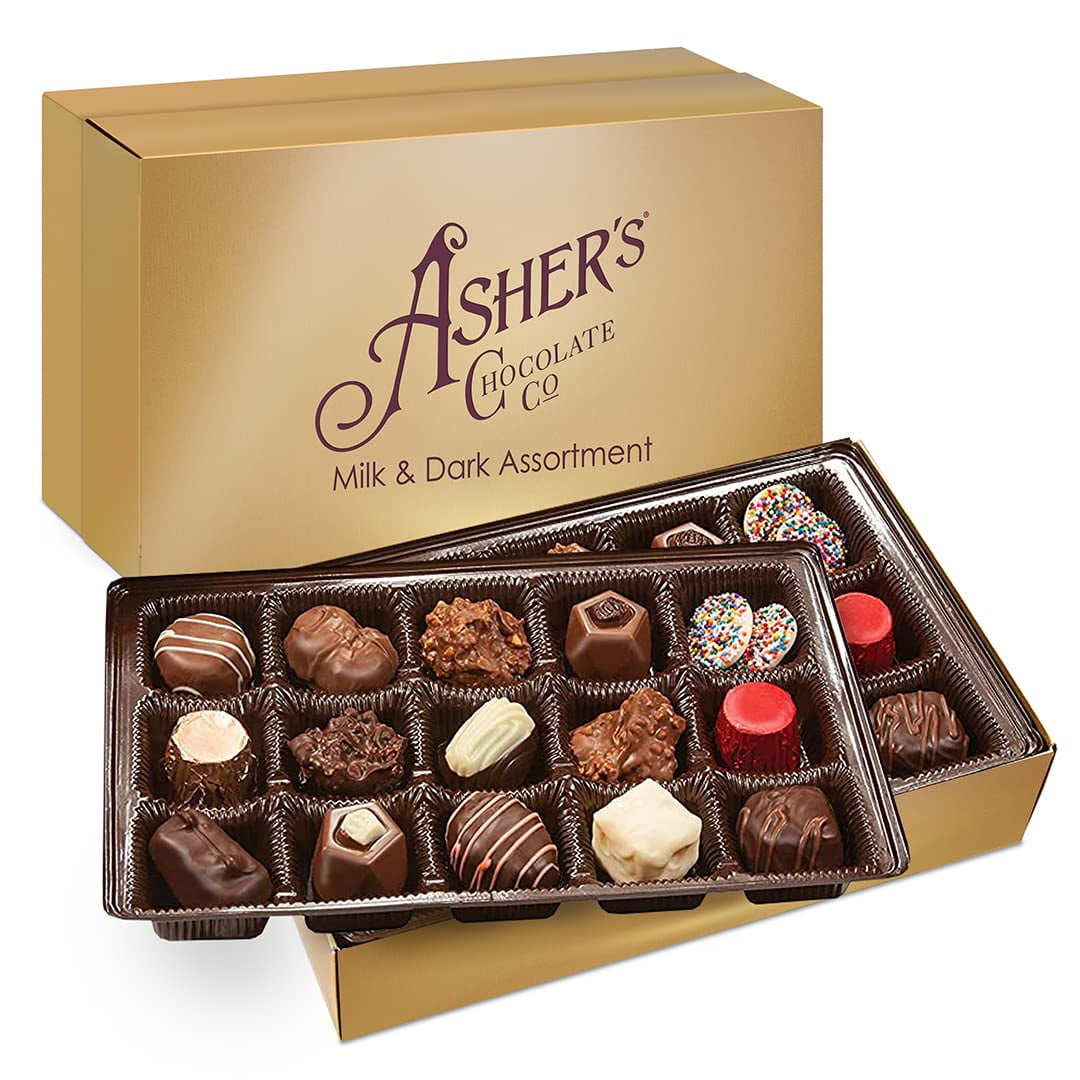 Asher's Chocolates, Milk and Dark Chocolate Assortment, Small Batches of Kosher Chocolate, Family Owned Since 1892, Assorted Chocolate Gift Set, 32 Pieces (16oz, Gold Set)