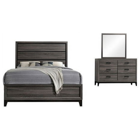 Asheville 3 Piece Bedroom Set, King, Gray Wood, Modern (Panel Bed, Dresser & Mirror)