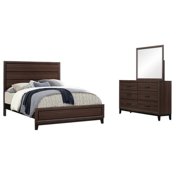 Asheville 3 Piece Bedroom Set, Queen, Brown Wood, Modern (Panel Bed, Dresser & Mirror)