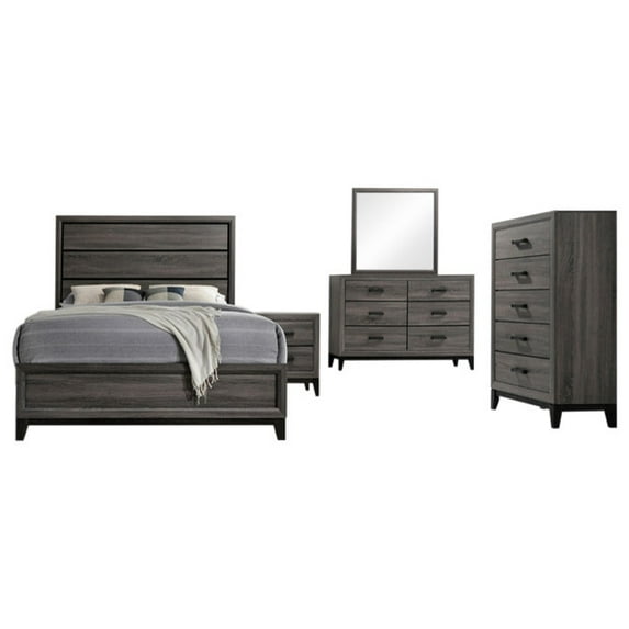Asheville 5 Piece Bedroom Set, King, Gray Wood, Modern (Panel Bed, Dresser, Mirror, Chest, 1 Nightstand)