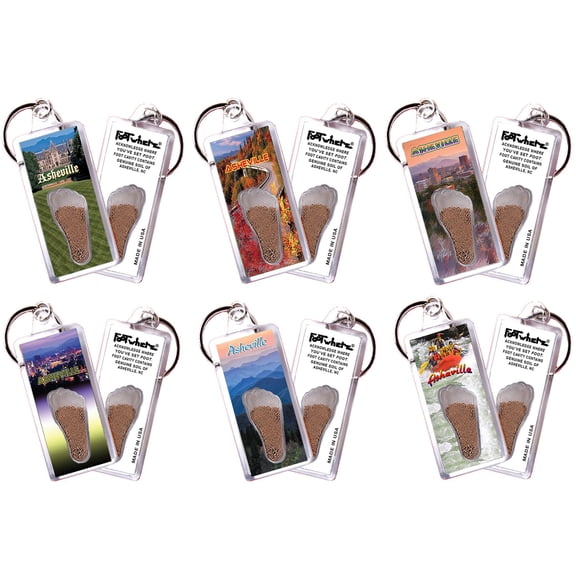 Asheville FootWhere Souvenir Keychains. 6 Piece Set. (ASH100 - Assorted)