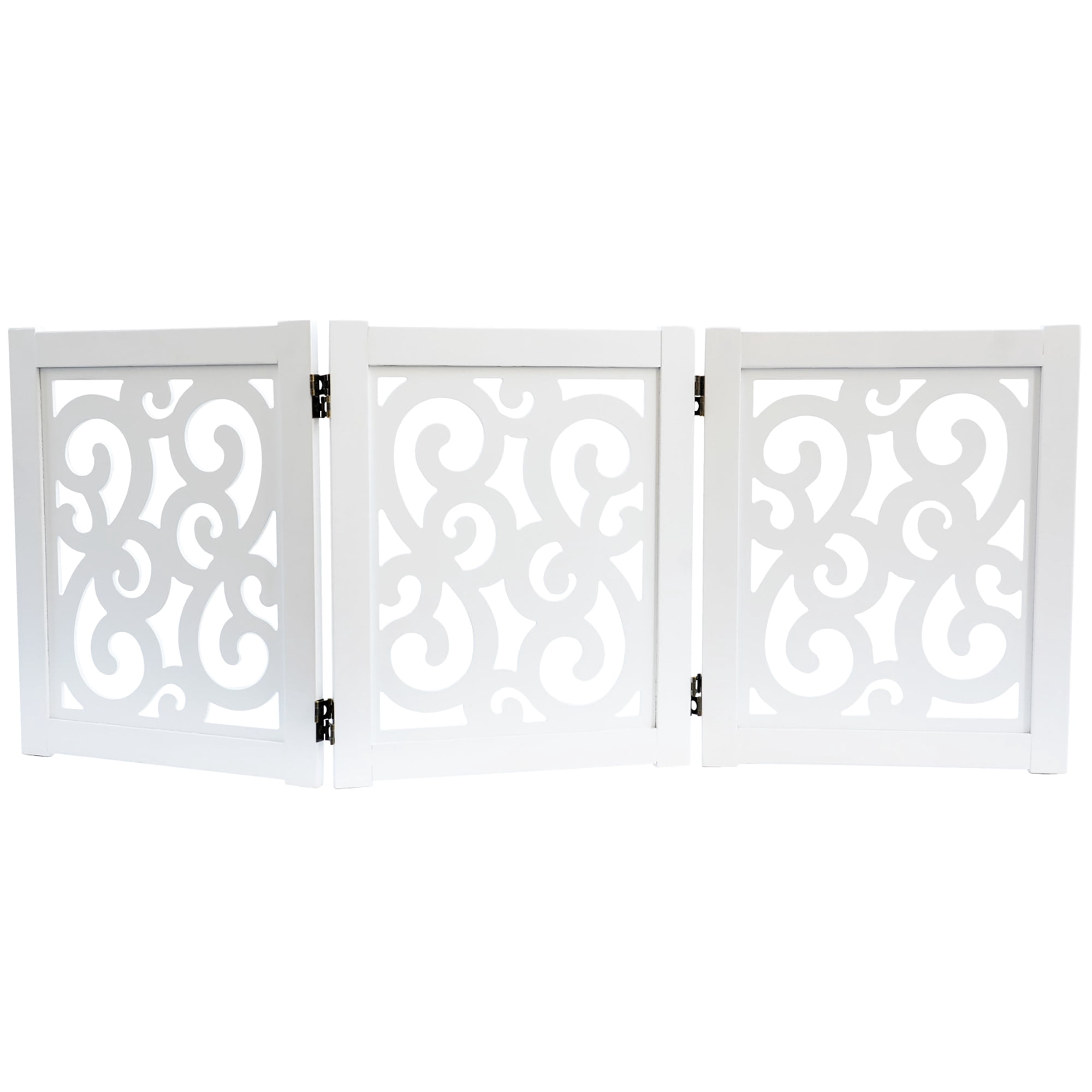 Ashfield & Harkness: 3-Panel Pet Gate - Scroll White - Wooden Foldable Freestanding Fence, Small Dogs & Puppy, 48 x 19.3", Indoor-Doorway-Halls-Stairs