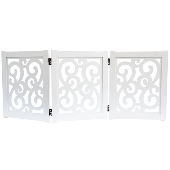 Ashfield & Harkness: 3-Panel Pet Gate - Scroll White - Wooden Foldable Freestanding Fence, Small Dogs & Puppy, 48 x 19.3", Indoor-Doorway-Halls-Stairs