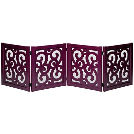 Ashfield & Harkness: 4-Panel Pet Gate - Scroll Mahogany - Wooden Foldable Freestanding Dog Fence, 80 x 23.5", Doorway-Halls-Stairs, 360 Rotated Hinges