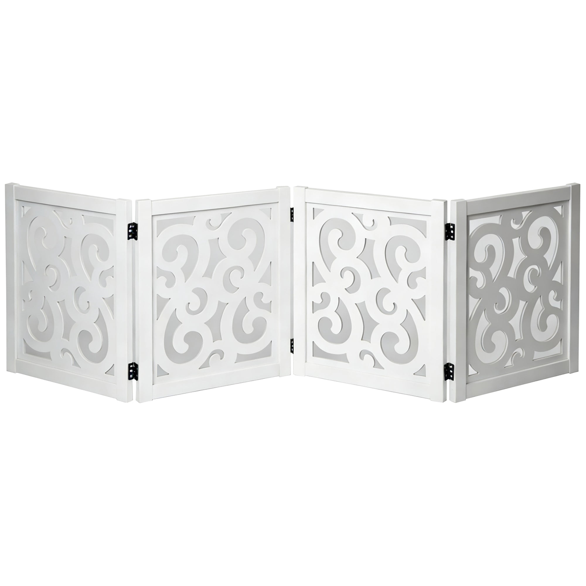 Ashfield & Harkness: 4-Panel Pet Gate - Scroll White - Wooden Foldable Freestanding Dog Fence, 80 x 23.5", Doorways-Halls-Stairs, 360 Rotated Hinges