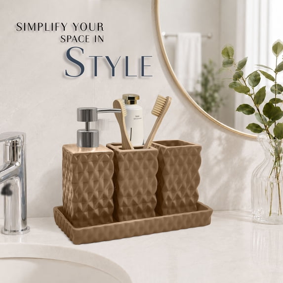 Home Weavers Ashford Ceramic 4-Piece Bathroom Accessory Set with Lotion Dispenser, Toothbrush Holder, Tumbler & Tray, Chocolate