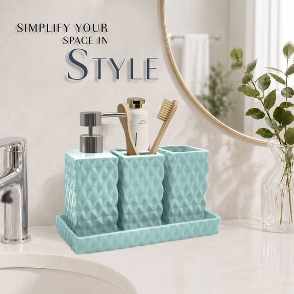Home Weavers Ashford 4-Piece Ceramic Bathroom Accessory Set, Lotion Dispenser, Toothbrush Holder, Tumbler and Tray, Turquoise