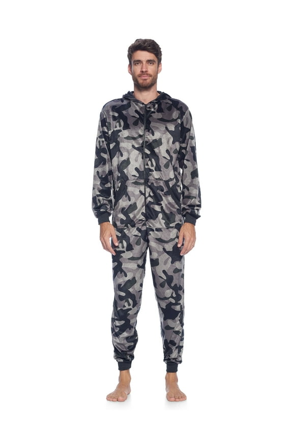 Men's Adult Mink Fleece Hooded One-Piece Union Suit Pajamas