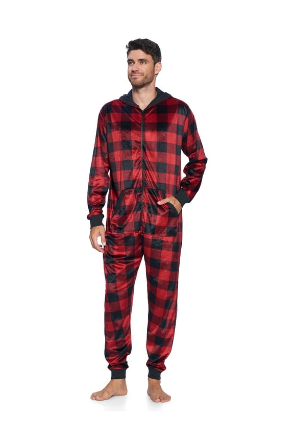 Men's Adult Mink Fleece Hooded One-Piece Union Suit Pajamas