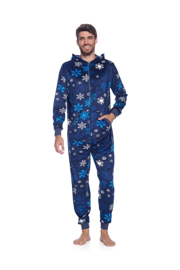 Men's Adult Mink Fleece Hooded One-Piece Union Suit Pajamas