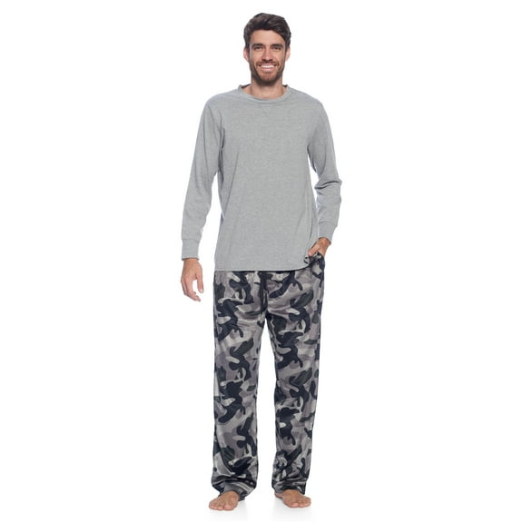 Ashford & Brooks Men's Jersey Knit Long-Sleeve Top and Mink Fleece Bottom Pajama Set - Black/Camo