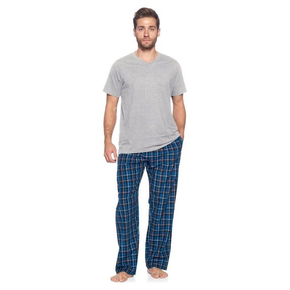 Ashford & Brooks Men's Woven Short Sleeve Jersey Top & Pajama Pants Set, Black/Blue/Plaid, M