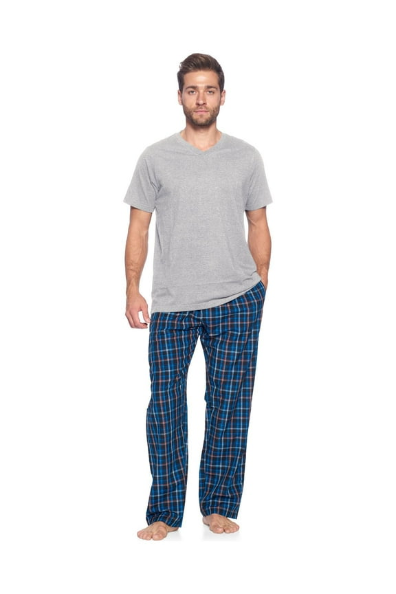 Men's Woven Short Sleeve Jersey Top & Pajama Pants Set, Black/Blue/Plaid, S