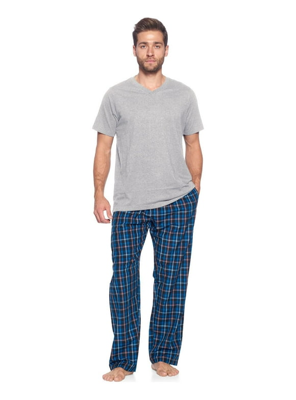 Ashford & Brooks Men's Woven Short Sleeve Jersey Top & Pajama Pants Set, Black/Blue/Plaid, S