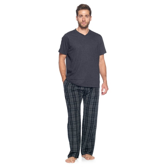 Ashford & Brooks Men's Woven Short Sleeve Jersey Top & Pajama Pants Set, Black/Grey/White, S