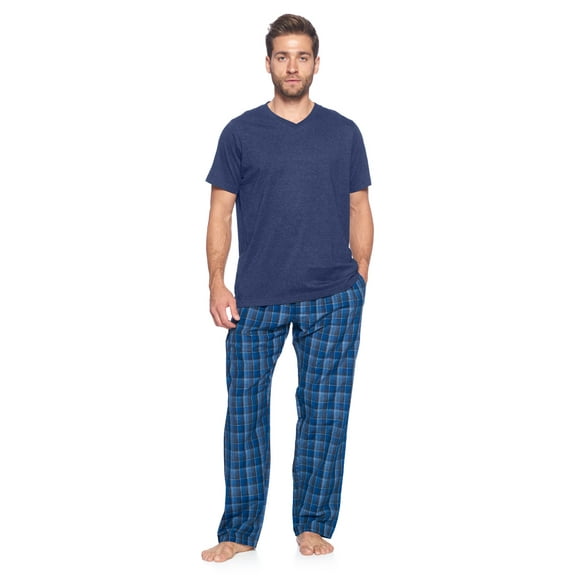 Ashford & Brooks Men's Woven Short Sleeve Jersey Top & Pajama Pants Set, Blue/Grey, S