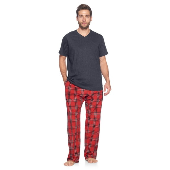 Ashford & Brooks Men's Woven Short Sleeve Jersey Top & Pajama Pants Set, Red/Black Stewart, XL