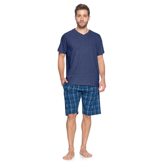 Ashford & Brooks Men's Woven Short Sleeve Jersey Top & Pajama Shorts Set, Blue/Grey, L