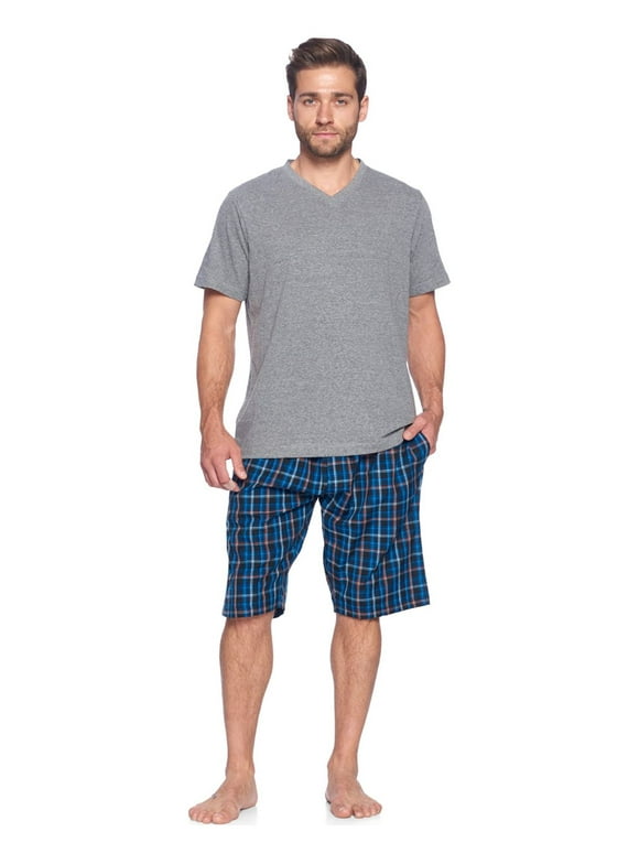 Ashford & Brooks Men's Woven Short Sleeve Jersey Top & Pajama Shorts Set