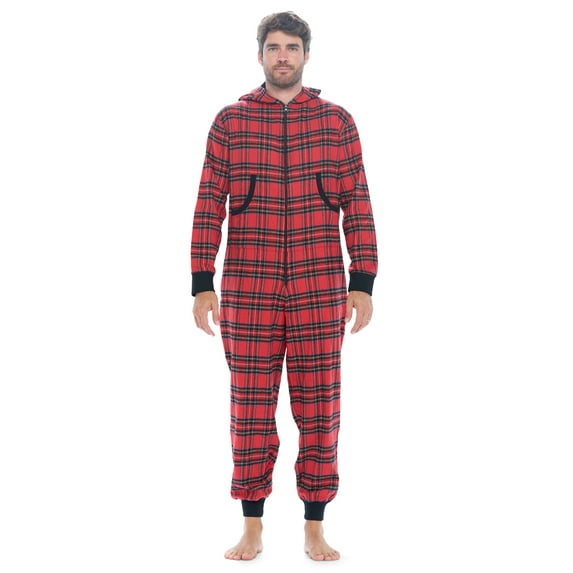 Ashford & Brooks Mens Flannel Hooded One Piece Pajama Union Jumpsuit